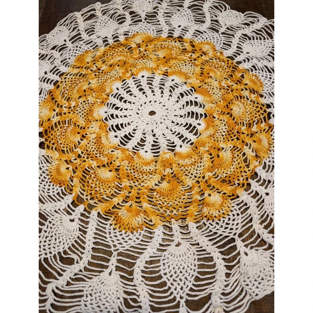 Large Orange Off-White Round Crocheted Color Changing Doily 26.25